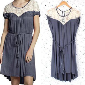 Boho Chic Lace Yoke Midi Dress Navy Blue